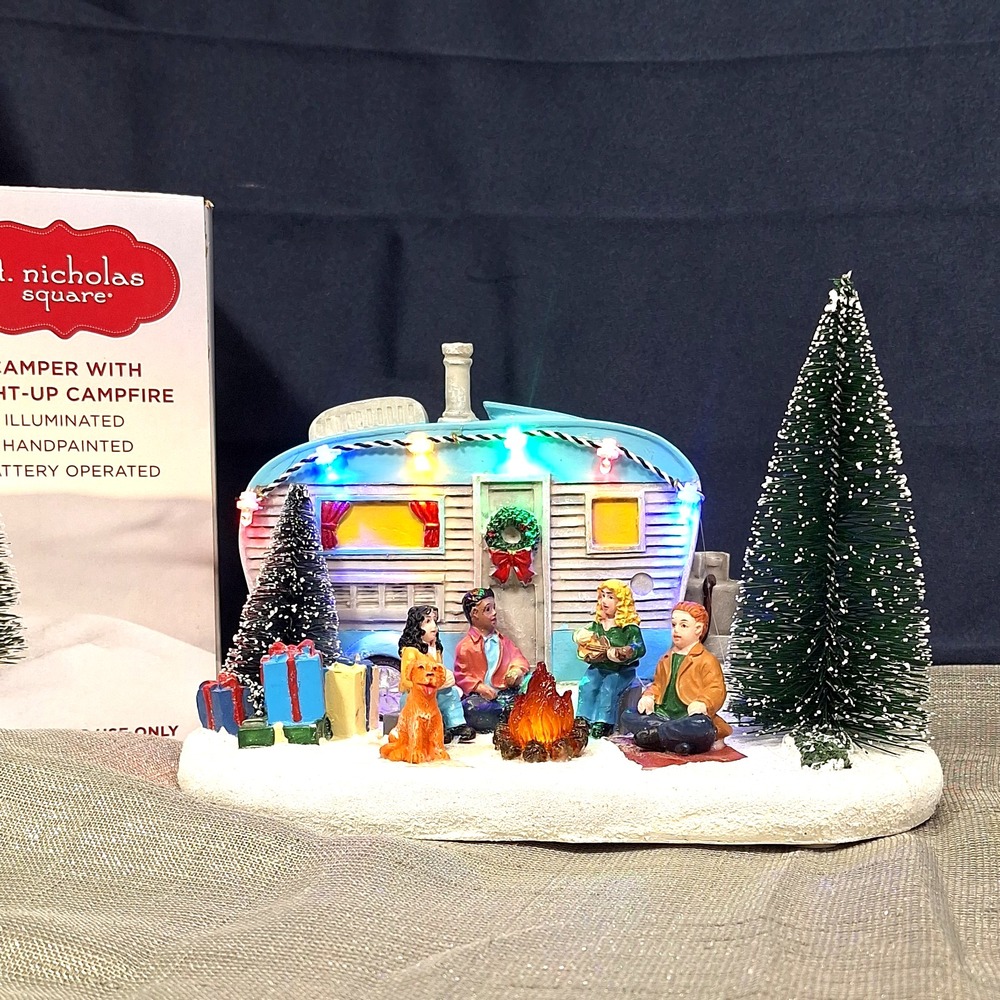 St. Nicholas Square Camper w Light-up Campfire Handpainted Battery Camping Light